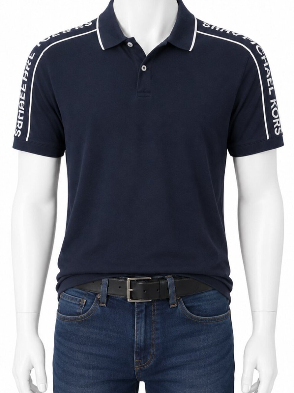 Michael Kors Men's Polo Shirt Medium Navy Blue Logo Tape Sleeve Top